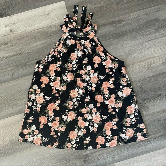 Floral Sleeveless Blouse Pink Flowers Black Medium Keyhole Back Tie - Picture 4 of 12